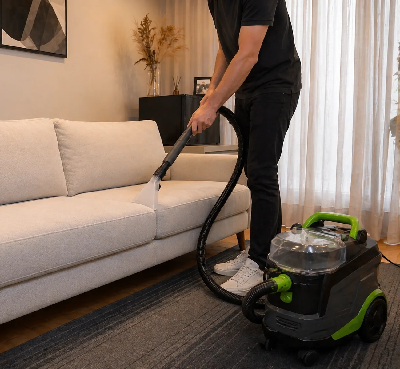 Técnica da Arbo higienizando um sofá com equipamento profissional